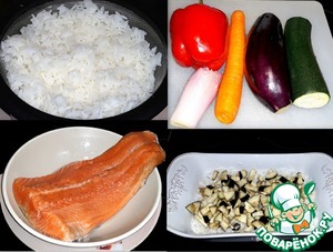 Запечённый лосось с рисом и овощами